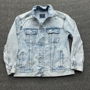 Abercrombie & Fitch Denim Jacket Womens Sz L Trucker Distressed Jean Jacket